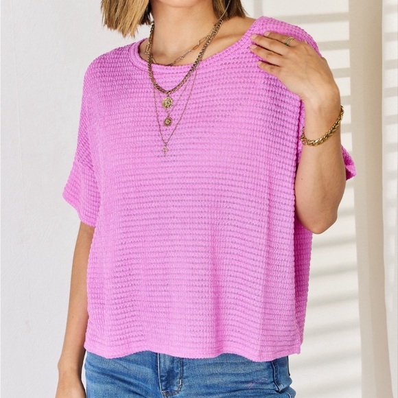 NEW Zenana PLUS + REG Size Mauve Oversized Woven Waffle Knit Short Sleeve Tee - Picture 2 of 6